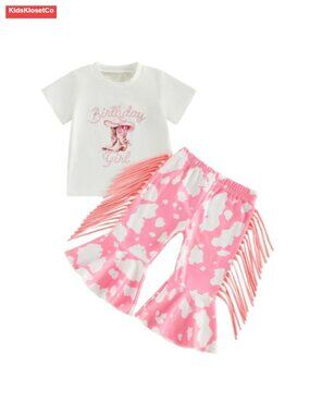 Toddler Girls Birthday Outfit Cowgirl Fringe Bell Bottom Pants 2Pc